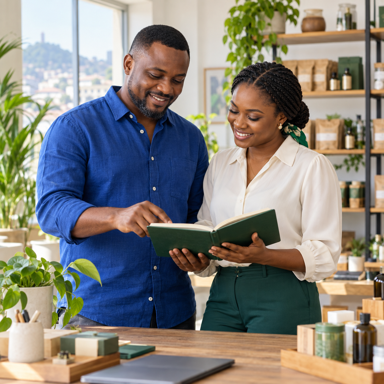 Illustrative scene of two Nigerian entrepreneurs planning their business together