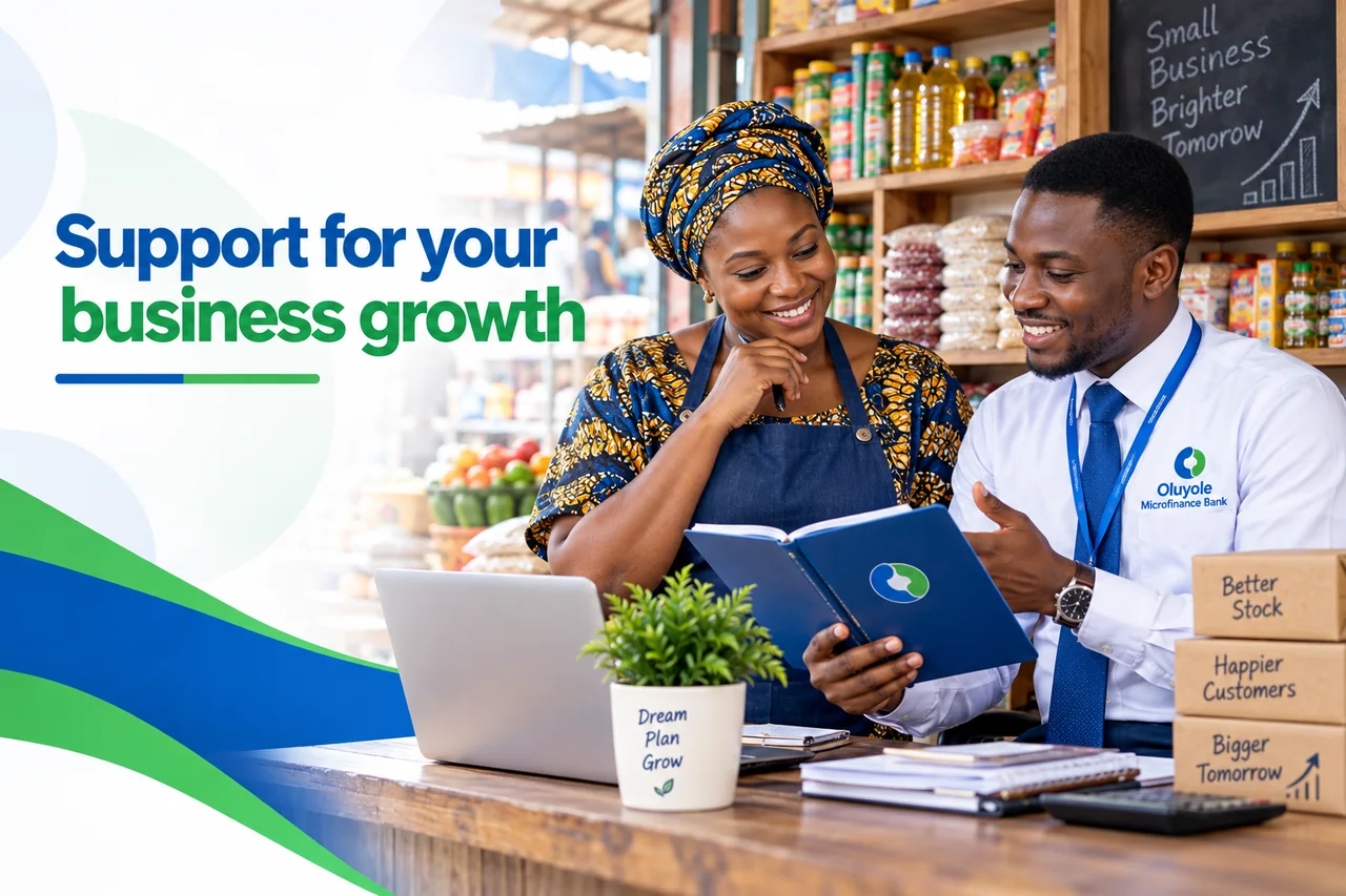 Shop owner speaking with an Oluyole Microfinance Bank officer